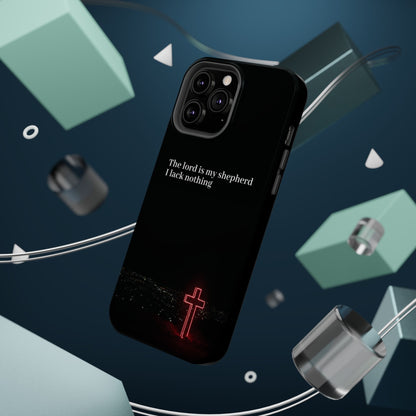 Christian Phone Case — “The Lord Is My Shepherd I Lack Nothing” Neon Cross Magnetic Impact Case