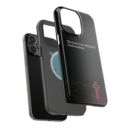 Christian Phone Case — “The Lord Is My Shepherd I Lack Nothing” Neon Cross Magnetic Impact Case