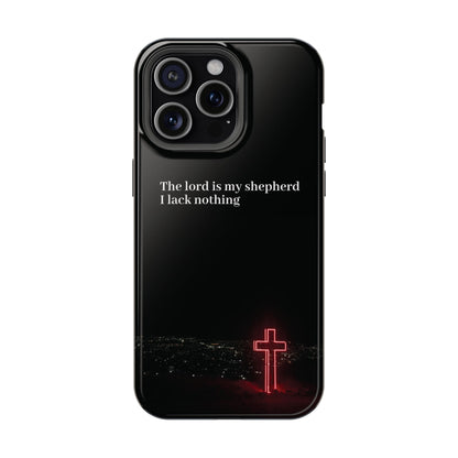 Christian Phone Case — “The Lord Is My Shepherd I Lack Nothing” Neon Cross Magnetic Impact Case